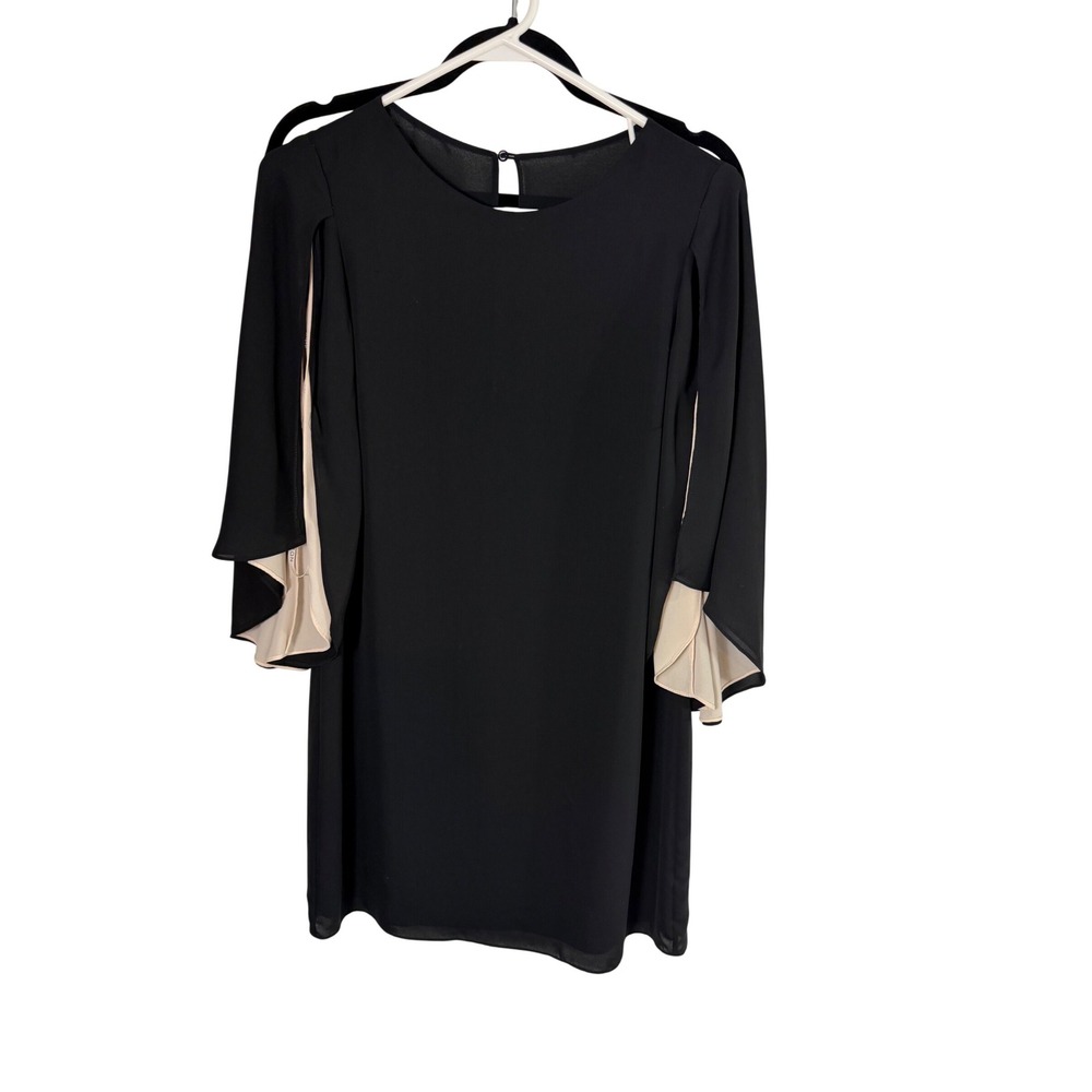 Halston Heritage Black Cape Sleeve Shift‎ Dress Cream Contrast Mini Small - Picture 4 of 9